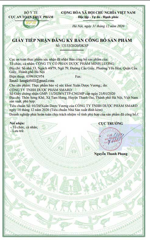 chứng nhận an toàn của sản phẩm xuân dược vương