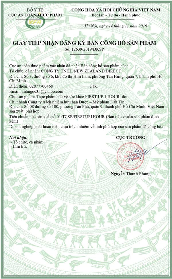 giấy chứng nhận first up 1 hour
