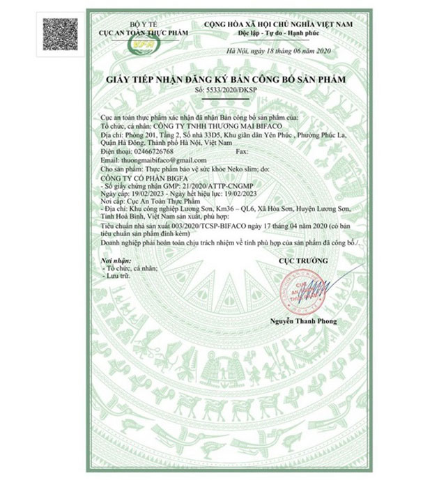 chứng nhận neko slim