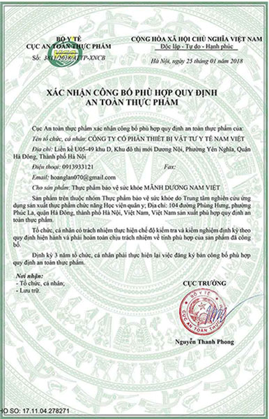 giấy chứng nhận mãnh dương nam việt