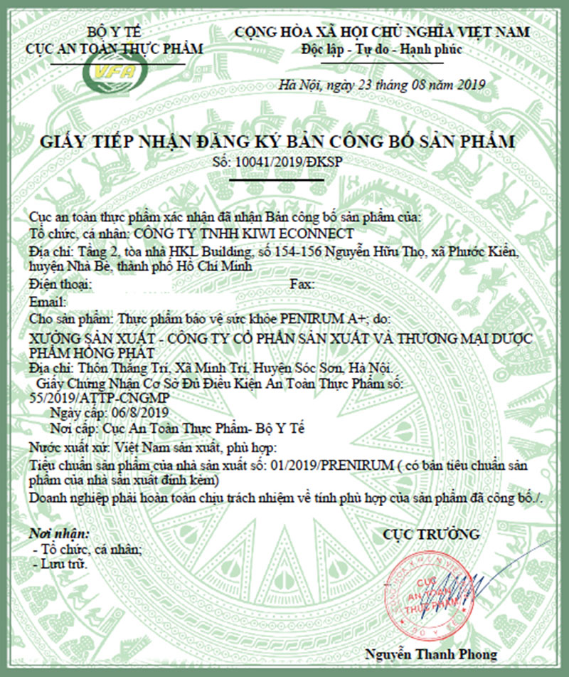 giấy chứng nhận penirum a+