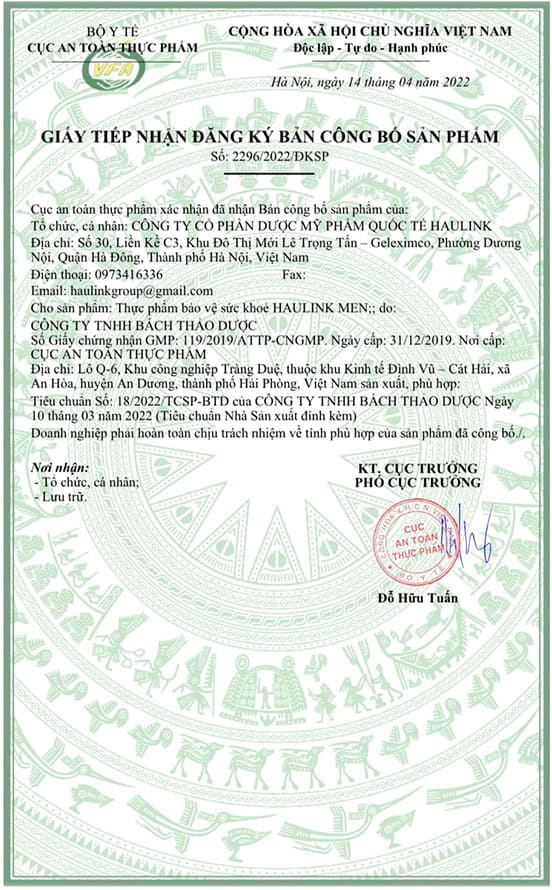 giấy chứng nhận haulink men