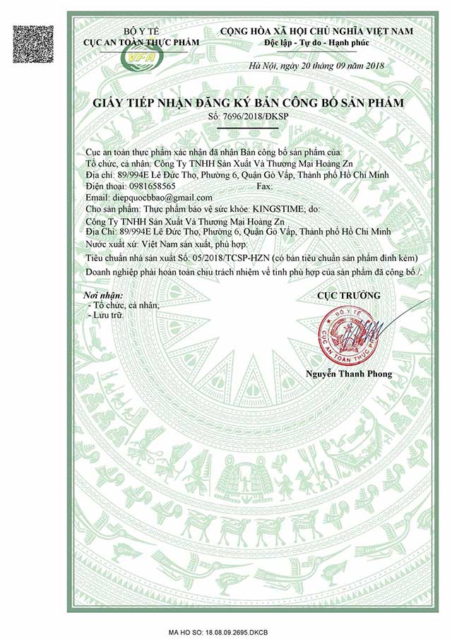 giấy chứng nhận viên uống kingstime
