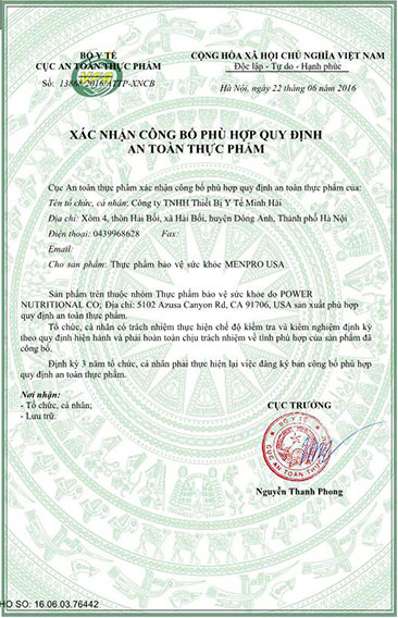 giấy chứng nhận menpro usa
