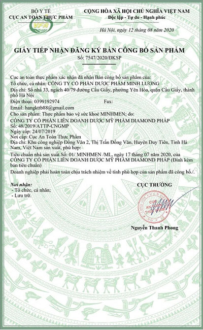 giấy chứng nhận minmen