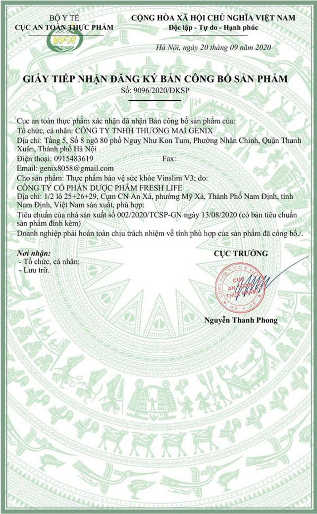 chứng nhận vinslim v3