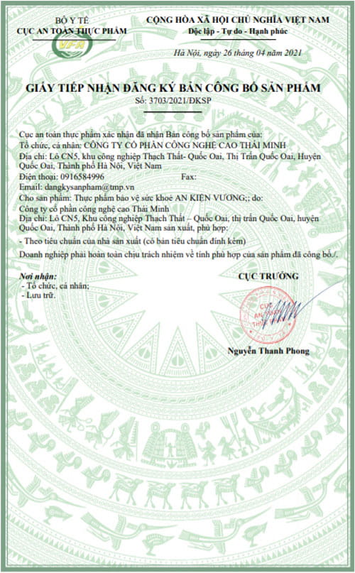 giấy chứng nhận an kiện vương