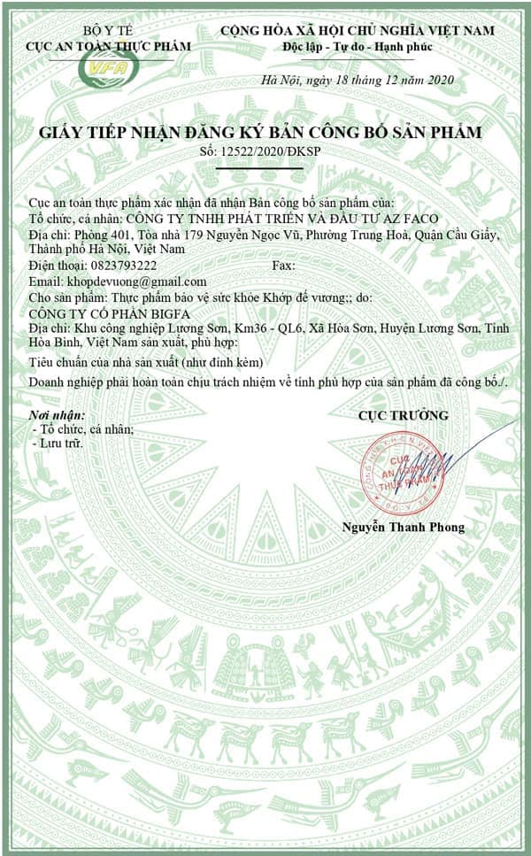 giấy chứng nhận khớp đế vương