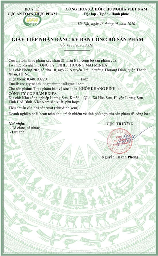giấy chứng nhận khớp khang bình