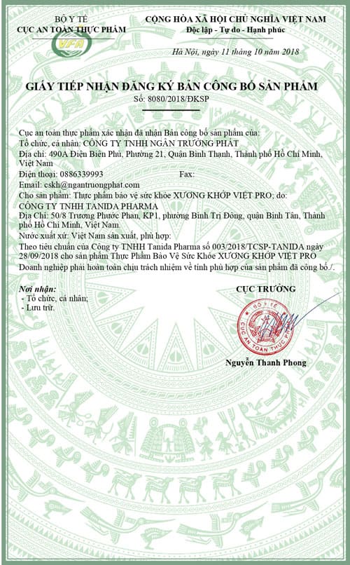 giấy chứng nhận xương khớp việt pro