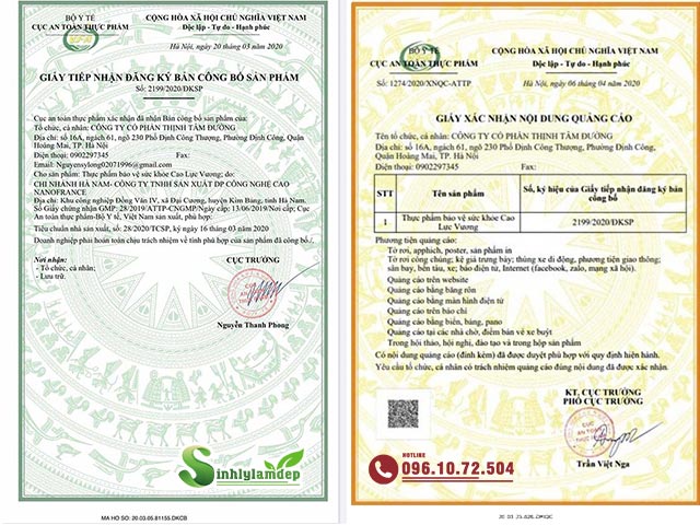 Giấy công bố sản phẩm Cao Lực Vương