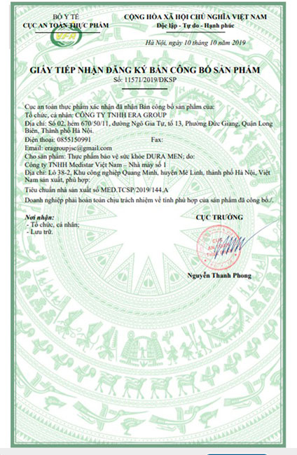 dura men chứng nhận