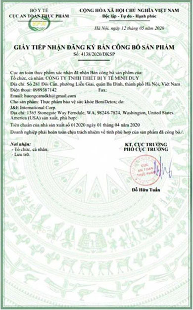 giấy chứng nhận bonidetox