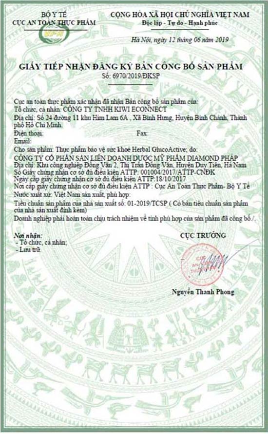 Giấy công bố Herbal glucoactive
